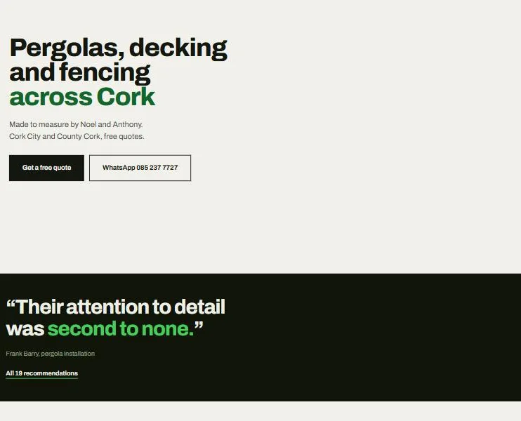 Detail of the Little to Large demo site showing the headline, a quote button, and a customer review reading “Their attention to detail was second to none.”